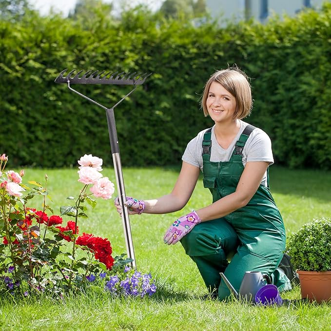 Sturdy Garden Rakes for Leaves: Metal Rake Heavy Duty Tool for Quick Clean Up of Lawn and Yard, 38’’--63’’ Adjustable Long Handle and 25Tins