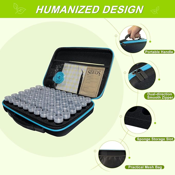 60 Slots Seed Storage Organizer Box with 10 Seed Envelopes, Large Capacity Seed Storage Container with Zipper Bag, Label Stickers, Tweezers, Funnel, Garden Seeds Saver Kit for Vegetable, Flower