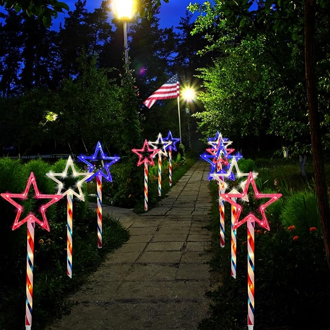 4th of July LED Big Star Pathway Lights Patriotic Lights Outdoor, for Memorial Day Independence Day Any Patriotic Decorations, 8 Mode Remote Control Solar Powered(2 Pack, 180 LED)