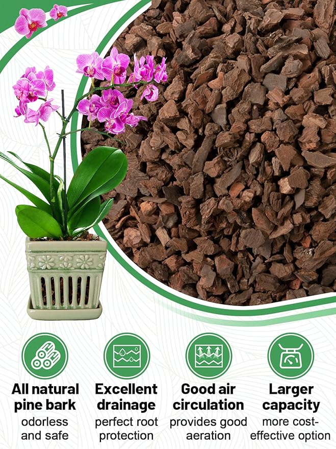 10 Quarts Orchid Potting Bark, Sun-Dried New Zealand Medium Organic Pine Wood Chip Barks for Orchids Mix Plant Compost, Natural Houseplant Mulch for Plant Development
