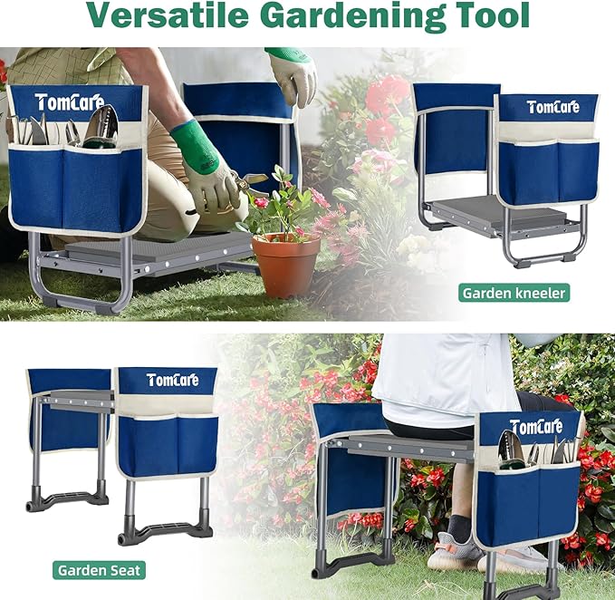 TomCare Garden Kneeler and Seat 10.24” Wide Kneeling Pad Garden Bench with 2 Tool Pouches Heavy Duty Stable Garden Stool Foldable Garden Tools Gardening Gifts for Women Men Seniors Gardeners Grey