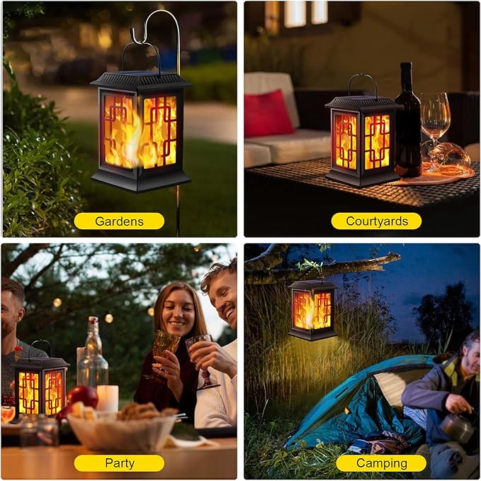 Solar Lanterns - Outdoor Hanging Solar Lights with Flickering Flame, Decorative Garden Lanterns, Waterproof LED Lights for Garden, Patio, Pathway, Yard - 2 Pack