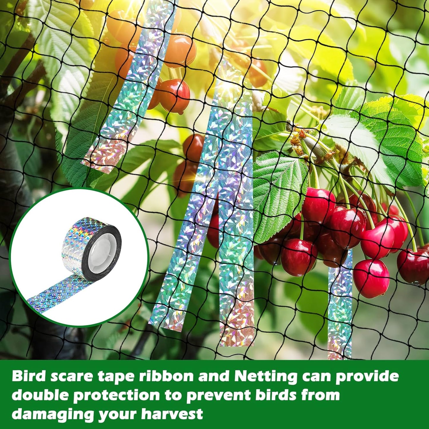 Bird Netting 25'x50' with 2" Mesh Garden Net with Bird Scare Tape, Avian Nettings for Chicken Coop Roof, Heavy Duty Nylon Nettings for Garden, Chicken Coop Netting Fruit Tree Net