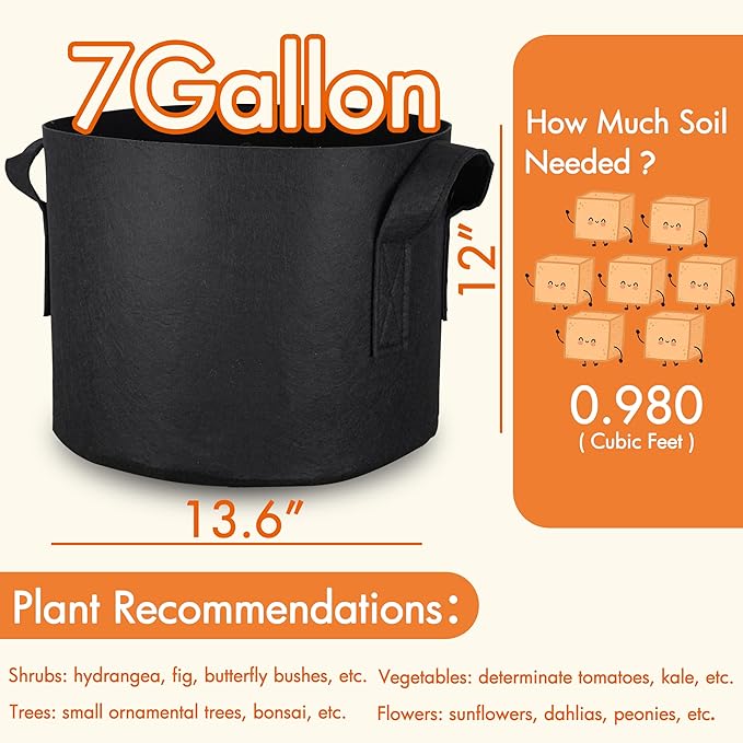 Gardzen 6-Pack 7 Gallon Grow Bags, Aeration Fabric Pots with Handles, Heavy Duty Cloth Pots for Plants
