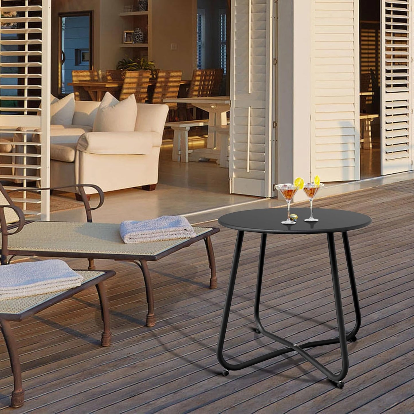 Patio Side Table Waterproof Round Metal Steel Weather Resistant Portable Outdoor and Indoor End Table for Garden Balcony Yard, Black