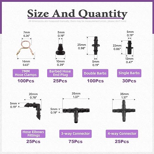 Swpeet 380Pcs 6 Types Barbed Connectors Irrigation Fittings with 7mm Single Wire Hose Clamp Kit, Straight Barbs, Single Barbs, Tees, lbows, End Plug, 4-Way Coupling Drip Irrigation Barbed Connectors