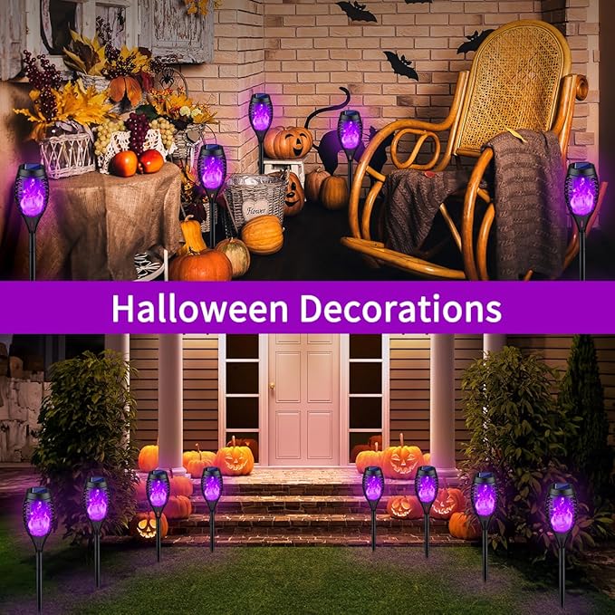 8Pack Halloween Decorations Outdoor, Halloween Solar Lights with Purple Flame for Halloween Decor, Waterproof Halloween Lights Outdoor, Solar Pathway Lights for Lawn Outside Halloween Yard Decorations