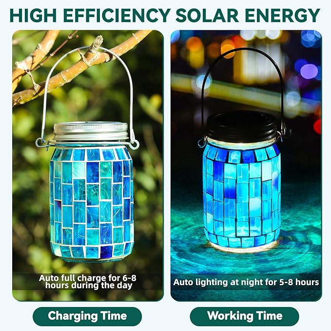 VOREEN 2 Pack Mosaic Solar Lanterns, Outdoor Glass Hanging Lights, Solar Table Lamps, Waterproof Night Lights, Color Jar Lights Easter Gifts, Decor for Garden, Patio, Yard, Balcony, Blue&Orange