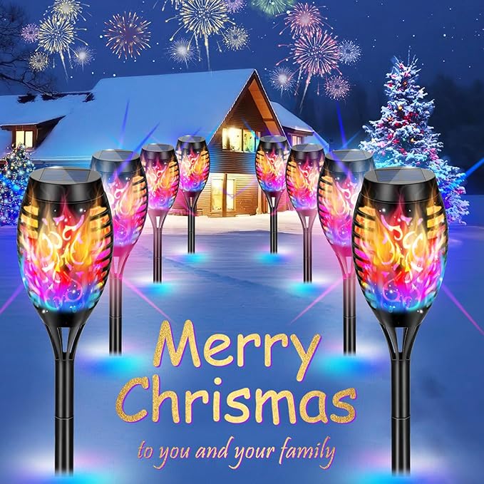 8 Pack Solar Torch Lights Outdoor Waterproof - Multicolor Flickering Flame, Outdoor Solar Garden Lights for Yard, Tiki Torches for Outside Patio Pathway Decorations