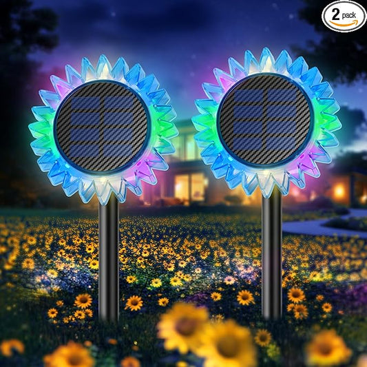 Solar Garden Lights - Upgraded Solar Sunflower Light, Ground/Wall 2 In 1, Outdoor Lights Waterproof IP67,Garden Yard Patio Backyard Pathway Landscape Fence Wall Decoration, Multicolor(2 Pack)