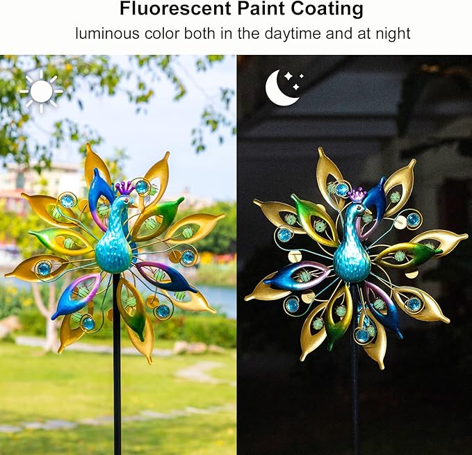 DREAMYSOUL 15.7" D*65”H Metal Peacock Wind Spinners Double Sided Kinetic Wind Sculptures Outdoor Metal Windmill for Garden Yard Decor