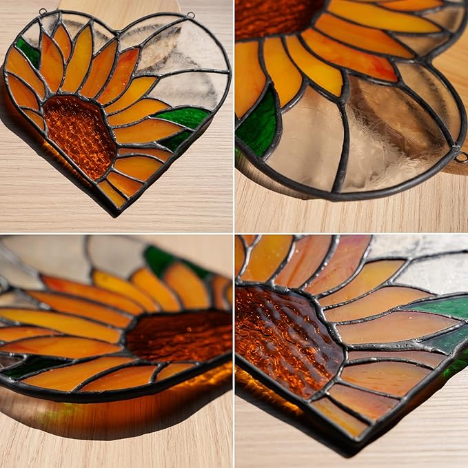 BOXCASA Sunflower Stained Glass Window Hangings,Sunflower Stained Glass Suncatcher,Heart Shape Sunflower Best Teacher Gifts for Women Birthday,Sunflower Decoration for Home Indoor Window