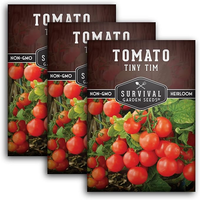 Survival Garden Seeds - Tiny Tim Tomato Seeds for Planting - 3 Packs with Instructions to Grow in Your Home Vegetable Garden - Non-GMO Heirloom Variety