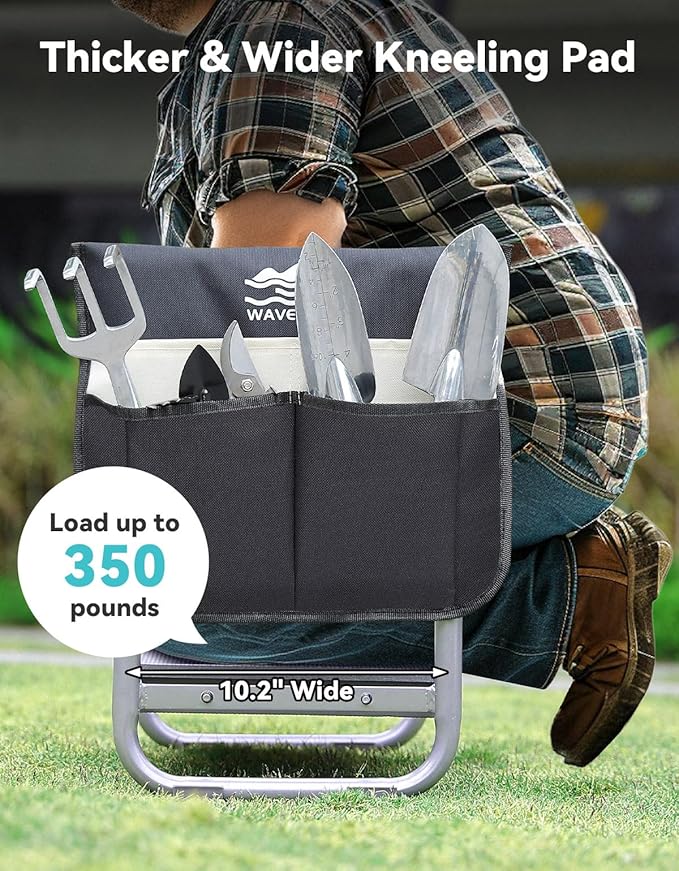 Garden Kneeler and Seat, Foldable Garden Stool 10.2" Width, Heavy Duty Knee Seat for Gardening with 2 Tool Pouches and Tool Bag & Gloves, Gardening Bench Accessories for Seniors (Black)