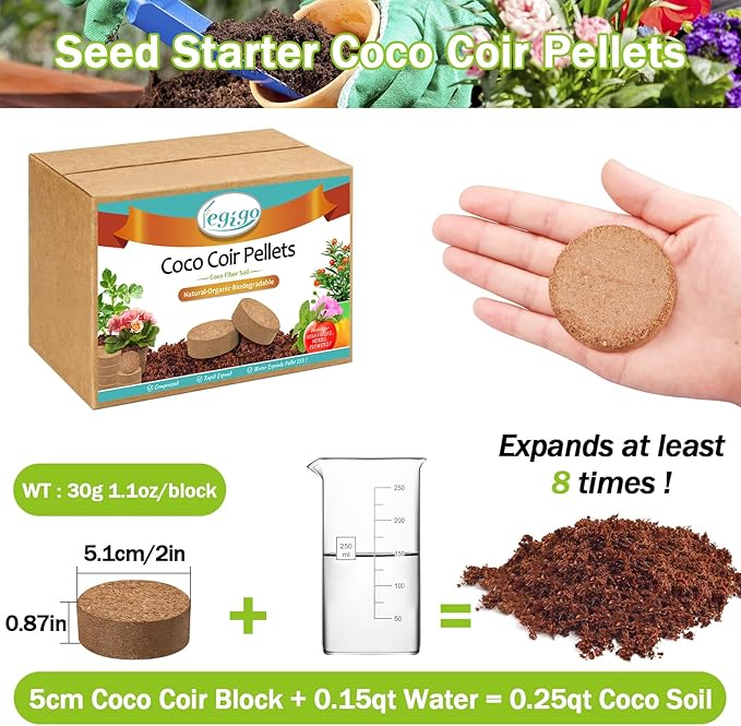 Legigo 100 Pcs 50mm Organic Coco Coir Pellets for Plants- Compressed Coconut Coir Potting Soil, Coco Fiber Pellets Coco Coir Soil for Planting, Garden, Bonsai, Herbs, Flower & Vegetables