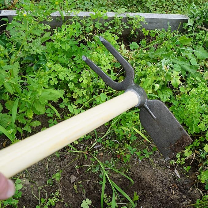 Kings County Tools Mini-Hoe & Two-Prong Grubber | Double-Sided Carbon Steel Blades | Lightweight Ash Handle | Gardening Tool | Weed and Break Up Soil with Less Effort