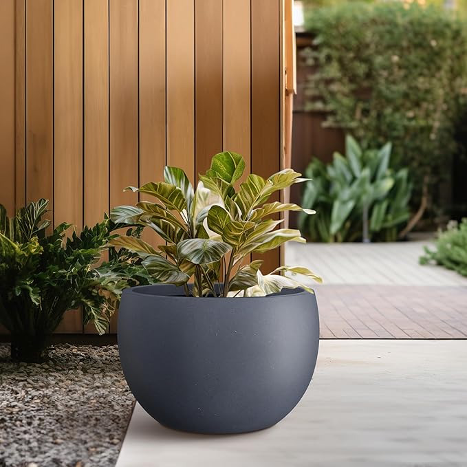 Kante 15.7" Dia Round Concrete Planter, Outdoor/Indoor Large Bowl Plant Pots with Drainage Hole and Rubber Plug for Garden Patio Balcony Home, Charcoal