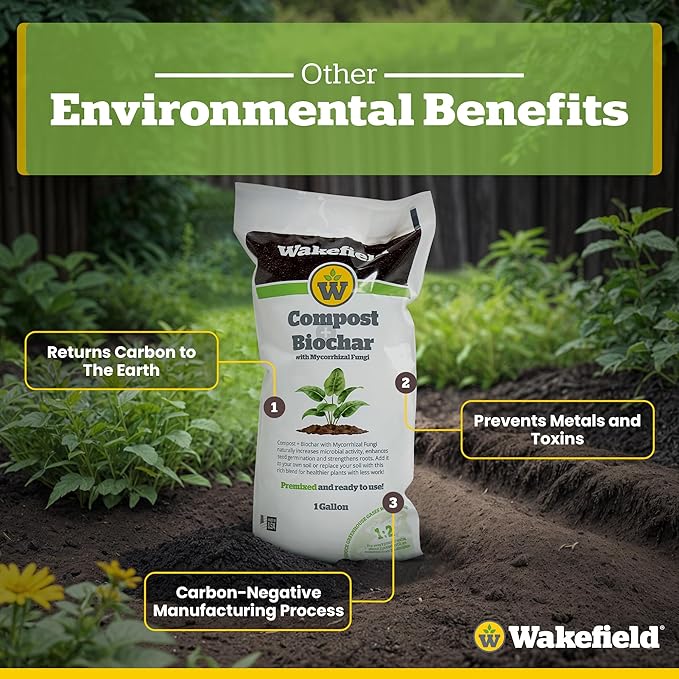 Wakefield Compost + Biochar with Mycorrhizal Fungi – Premium Aged Organic Compost with Mycorrhizal Fungi, Blended with 100% Biochar – 1 Gallon - Pack of 6