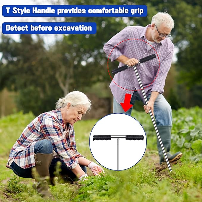 Kanayu Soil Probe Rod, 32-48 Inch Stainless Steel Septic Tank Locator Tool Adjustable Ground Rod with T Handle for Locating Underground Pipes and Gopher Runs, Gardening(48 Inch,Silver)