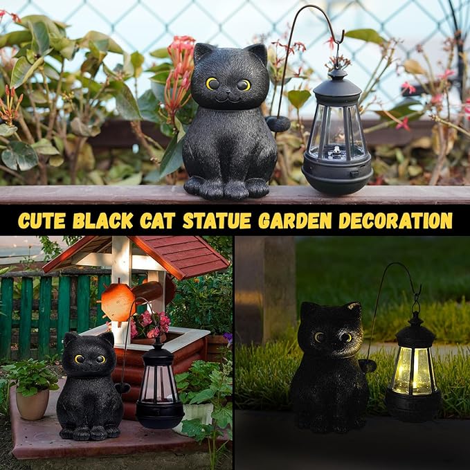 Solar Garden Statue Cat Figurine, Black Cat Statues Garden Decor with LED Light Outdoor Statue for Yard Patio Balcony Lawn Ornament, Housewarming Gifts for Grandma Mom Dad