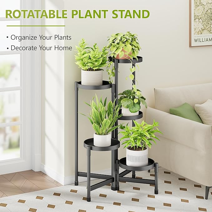 5 Tier Metal Plant Stand Indoor, Rotatable Corner Plant Shelf Outdoor, Tiered Flower Pot Display Stand, Black Multiple Plants Holder for Patio Living Room Balcony Garden Home Decor