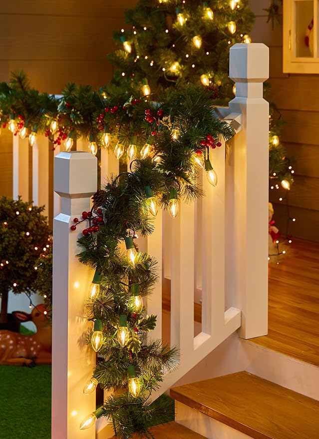 Vintage C9 Christmas Lights Outdoor, 25 Feet 25 LED C9 Christmas Decorations, Connectable Waterproof String Lights for Holiday Party Roofline Backyard Garden Patio, E17 Base, Warm White