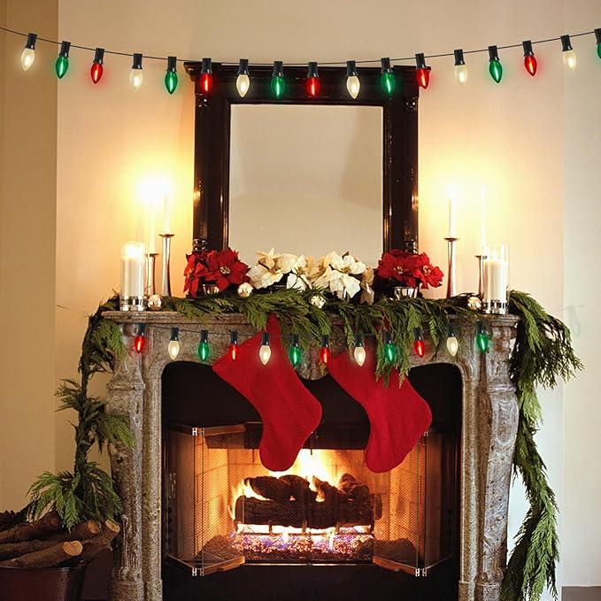 Abeja 25Ft C7 Christmas Multicolor String Lights with 27 Red Green & Frosted White Edison Bulbs, Hanging Vintage Christmas Light Outdoor Waterproof for Party Garden Wedding Bistro Roofline Decor