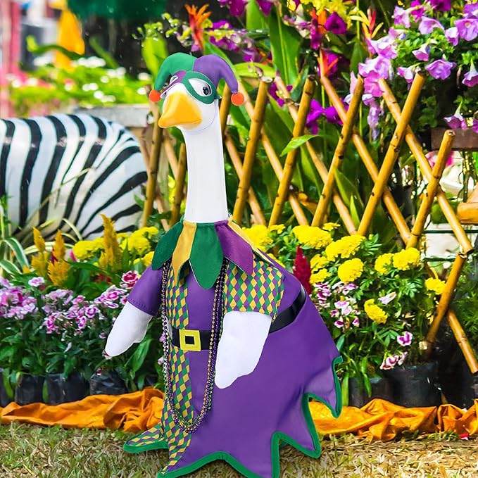 Mardi Gras Jester Outfit Goose Clothes for 23 High Cement or Plastic Lawn Porch Lawn Garden Goose Costume Clothing