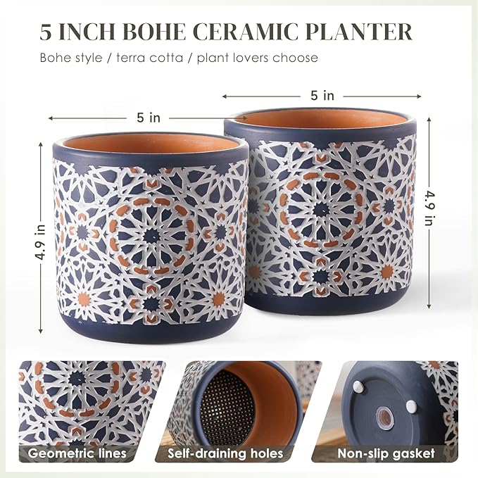 2 Pack Ceramic Flower Pots for Indoor Plants, 5 Inch Boho Plant Pot with Drainage Holes,Modern Planter for Decorative Succulents/Snake Plant/Orchid/Peace Lily/House Plants(Blue)