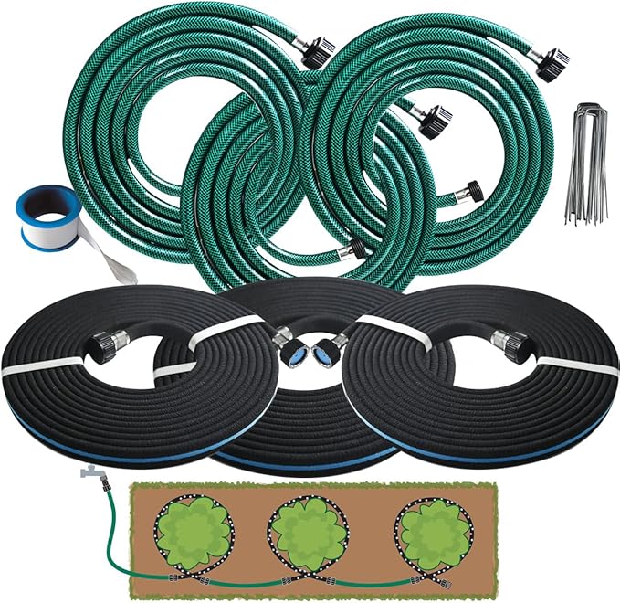 AMRITA Soaker Hose Kit 1/2 inch 15ft Soaker Hose (3Pack) and1/2 inch 10ft PVC Garden Hose(3Pack), Great for Garden Beds,Vegetables,Flowers(1/2-45ft+30ft)
