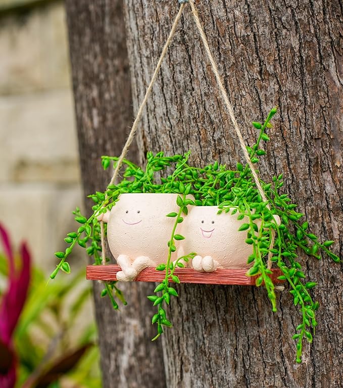 Cute Couple Swing Planter with Smiley Face,Couple Planter Pot,Hanging Swing face Pot,Hanging Plant Pot for Indoor Outdoor Plants, (Khaki)