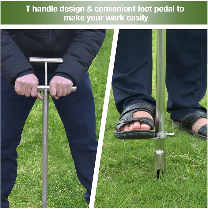 Soil Probe 40 Inch with 2 Bags, Soil Sample Probe with Ejector for Lawn House Plants, T-Handle Soil Sampler Probe Rod with Pedal, Stainless Steel Soil Test Kits Tool for Soil Sampling