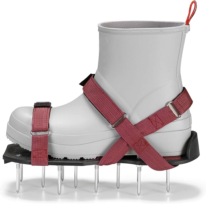 Lawn Aerator Shoes with Hook-and-Loop Straps, Pre-Assembled, Fully Adjustable, One-Size-Fits-All – Lawn and Garden Tool Reduces Thatch, Revives Soil Health (Maroon)