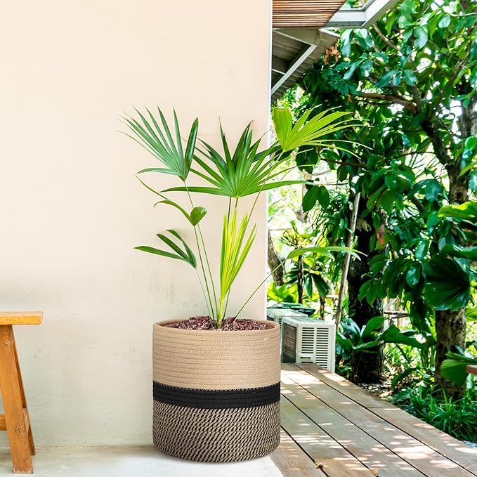 Plant Basket with Stand Indoor Planter Pot Holder Sturdy Jute Rope Modern Woven Basket, Cotton Rope Woven Pot with Bamboo Stand(10 Inch,Black and Beige Stripes)