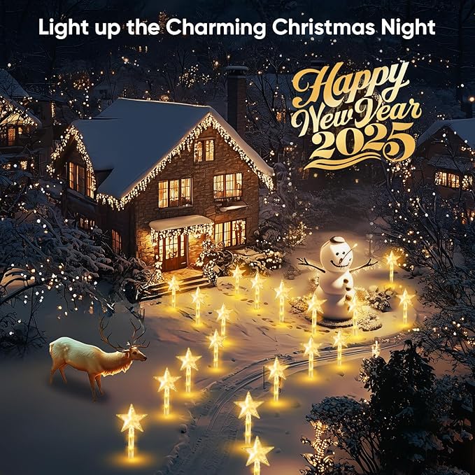 Christmas Decorations Solar Lights Outdoor: 8 Pack 64 LED Solar Christmas Lights Outdoor Waterproof, 8 Warm White Lighting Modes Christmas Pathway Lights Xmas Decor for Outside Yard Garden Backyard