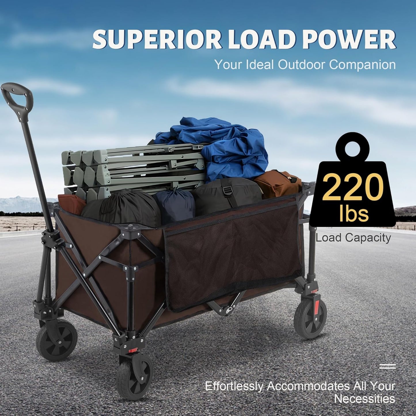 Collapsible Folding Wagon Cart, 220LBS Heavy Duty Foldable Utility Garden Cart with All Terrain Wheels & Side Storage Bag, Portable Sports Wagon for Camping, Shopping, Garden