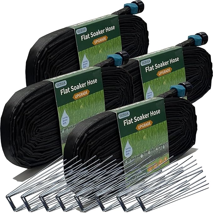 2025 Flat Soaker Hose 200 ft with Stakes for Garden, 50ft x 4 Linkable Drip Hose Diy Garden Irrigation System Saving 80% Water, Dual-layer Leak-free Design Water Hose with Holes