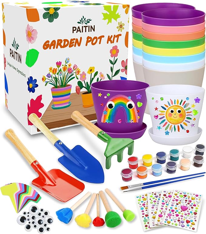 PAITIN Paint & Plant Flower Gardening Kit - 4 Inch Plant Pots, Kids Gardening Tools, Plant Labels, Paints, Brushes, Gem & Eye Stickers - Perfect Gardening Gifts for Women & Kids