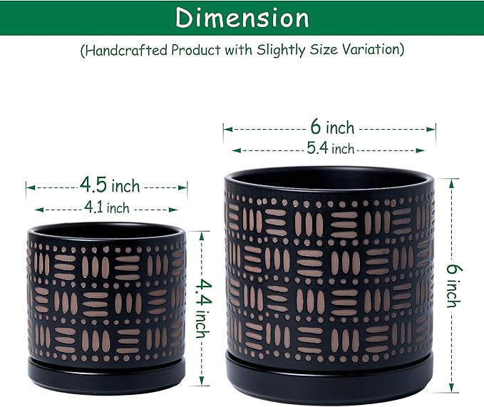 D'vine Dev Set of 2 Ceramic Planter Pots with Drainage Hole and Saucer, 4.5 Inch 6 Inch Plant Pots for Plants Indoor Houseplants, Black, 99-F-2