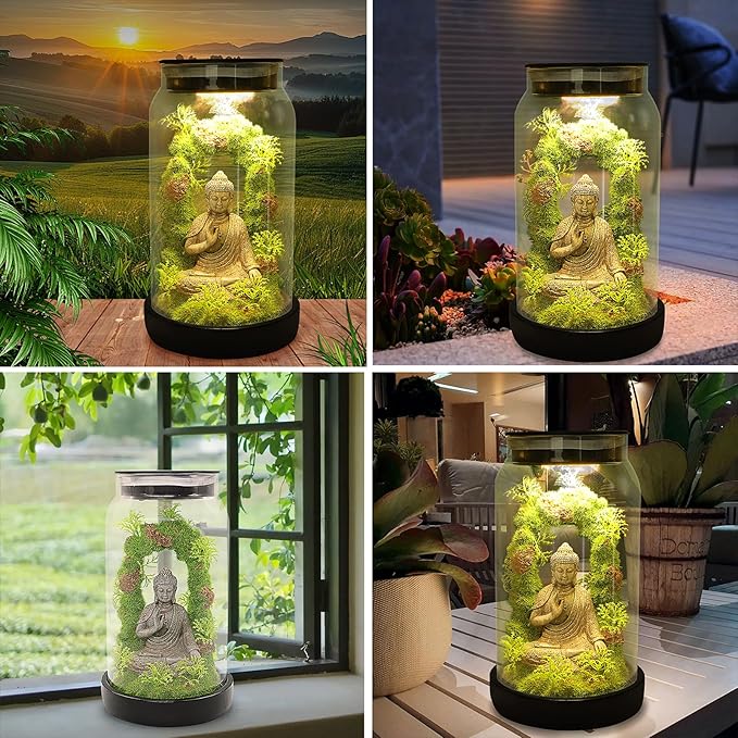 Solar Garden Buddha Statue for Home Decor - 9.8'' Zen Solar Lights Sculptures Decor with 15 LED, Sitting Meditating Buddha Serene Moss Figurine in Jar for Patio Lawn Yard Good Luck Housewarming Gifts