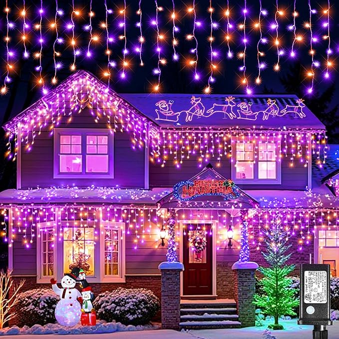 Christmas Icicle Lights Outdoor, 66ft 640 LED Icicle Lights for Outside with 8 Modes Timers, Waterproof Plug in Twinkle String Light for House Eave Patio Party Holiday Decorations, Purple Orange