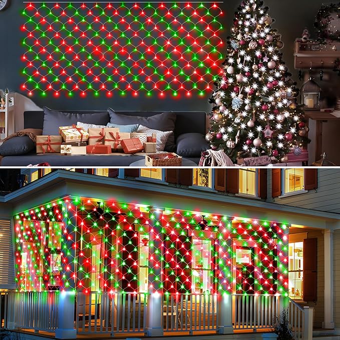 KNONEW Christmas Net Lights 360 LEDs 13ft x 9.8ft Outdoor Mesh Lights Connectable Waterproof 8 Modes & Timer Plug-in Net Fairy Lights for Bushes Garden Party Wedding Holiday,Red and Green