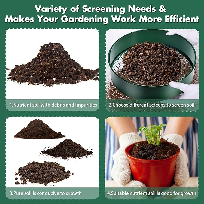 Soil Sifter, 11.8" Fine Mesh Stainless Steel Soil Sifter for Gardening, Compost Sifter with 4 Interchangeable Filter Mesh Sizes 3,6,9,12mm and Shovel, Soil Sieve for Sand Rocks Dirt Compost