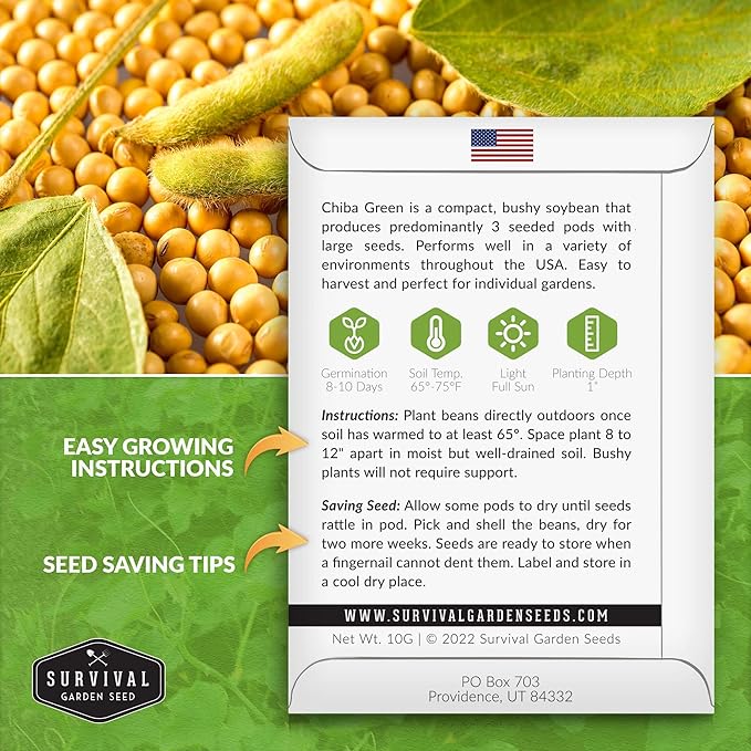 Survival Garden Seeds - Chiba Green Soybean Seed for Planting - 5 Packs with Instructions to Plant and Grow Protein-Rich Edamame Pods in Your Home Vegetable Garden - Non-GMO Heirloom Variety