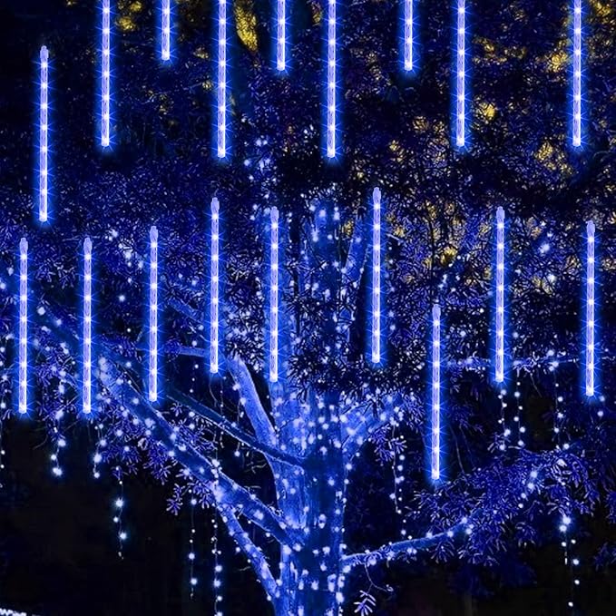 TW SHINE Christmas Lights Outdoor, 288 LED 12" 8 Tubes Meteor Shower Lights Outdoor Christmas Decorations Plug in, Waterproof Snow Falling Rain Icicle Xmas Lights for Tree Decor, Blue