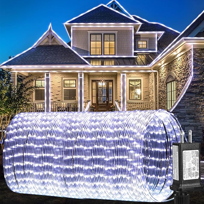 184FT 1000LED Rope Lights Outdoor, Outside LED Rope Lights Plug in String Lights Waterproof 8 Modes Clear Tube Lights for RV Camping Pool Patio Garden Christmas Tree Holiday Decoration(Cool White)