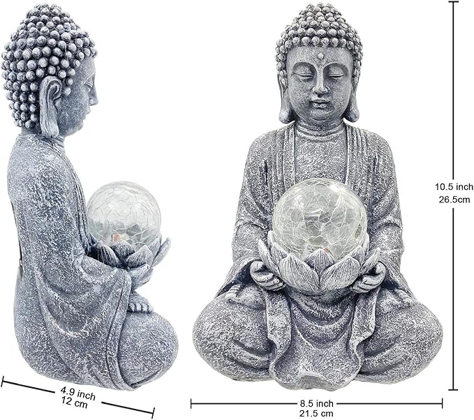 Nacome Meditating Buddha Statue with Solar Light,Zen Solar Garden Buddha with Cracked Glass Ball Sculpture-Indoor/Outdoor Decor for Balcony,Garden,Patio,Porch Yard Art Ornament,Gift