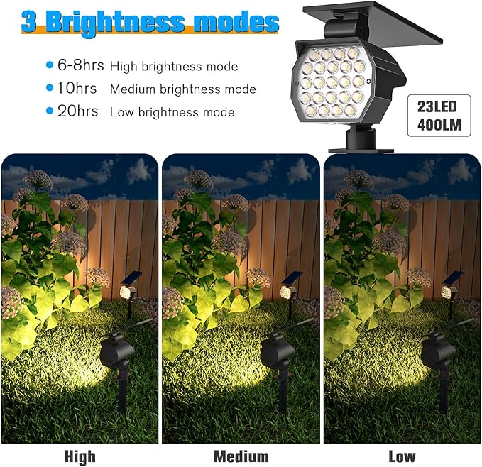 NIORSUN Solar Spot Lights Outdoor,23 LEDs Landscape Lighting with Auto On/Off and 3 Lighting Modes, IP67 Waterproof Spotlights,Outdoor Solar Lights for Yard Garden,2 Pack(Warm White)