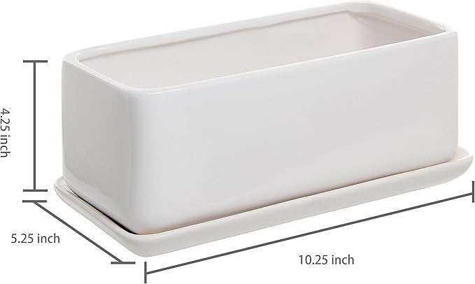 MyGift 14 Inch Modern Unglazed White Ceramic Indoor Plant Pot with Drainage Hole, Rectangular Succulent Planter Window Box with Removable Saucer, White (10 inch, 2, Pieces)