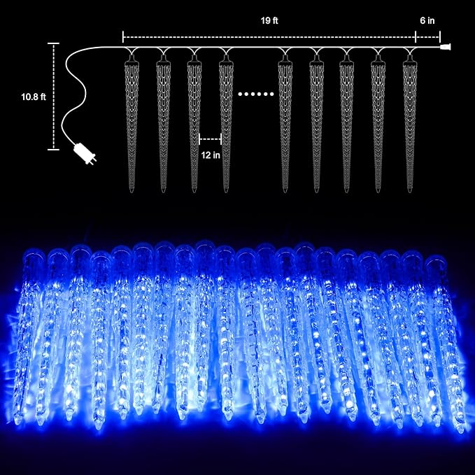 Icicle Lights Outdoor, 19.8Ft Meteor Shower Lights with 20 Tubes, Snowfall Shooting Star Light Effect, Falling Cascading Crystal Christmas Decorations for House, Eave, Roofline, Patio, Blue